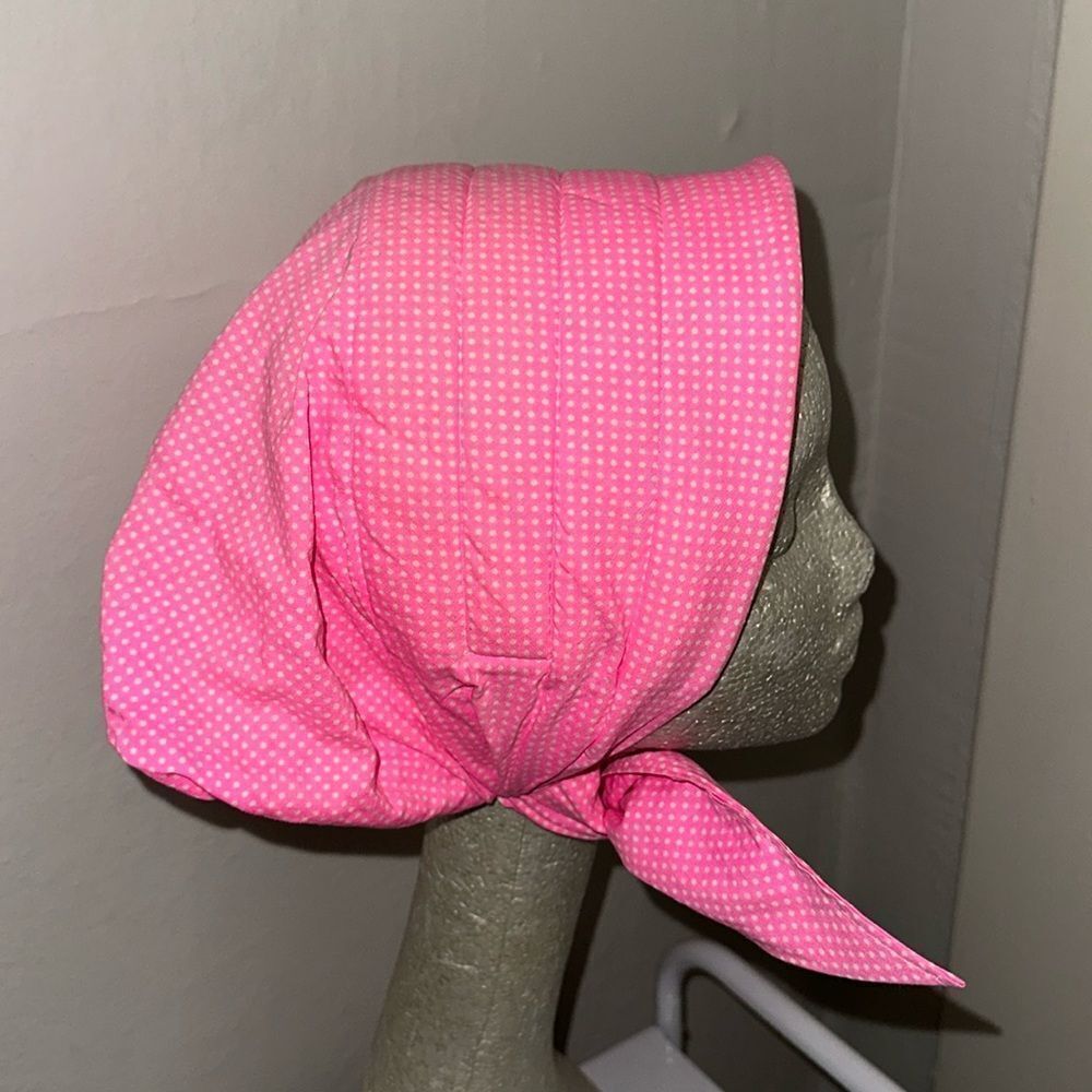 Vintage 60s bright pink with tiny white polka dots head cotton head scarf/bonnet